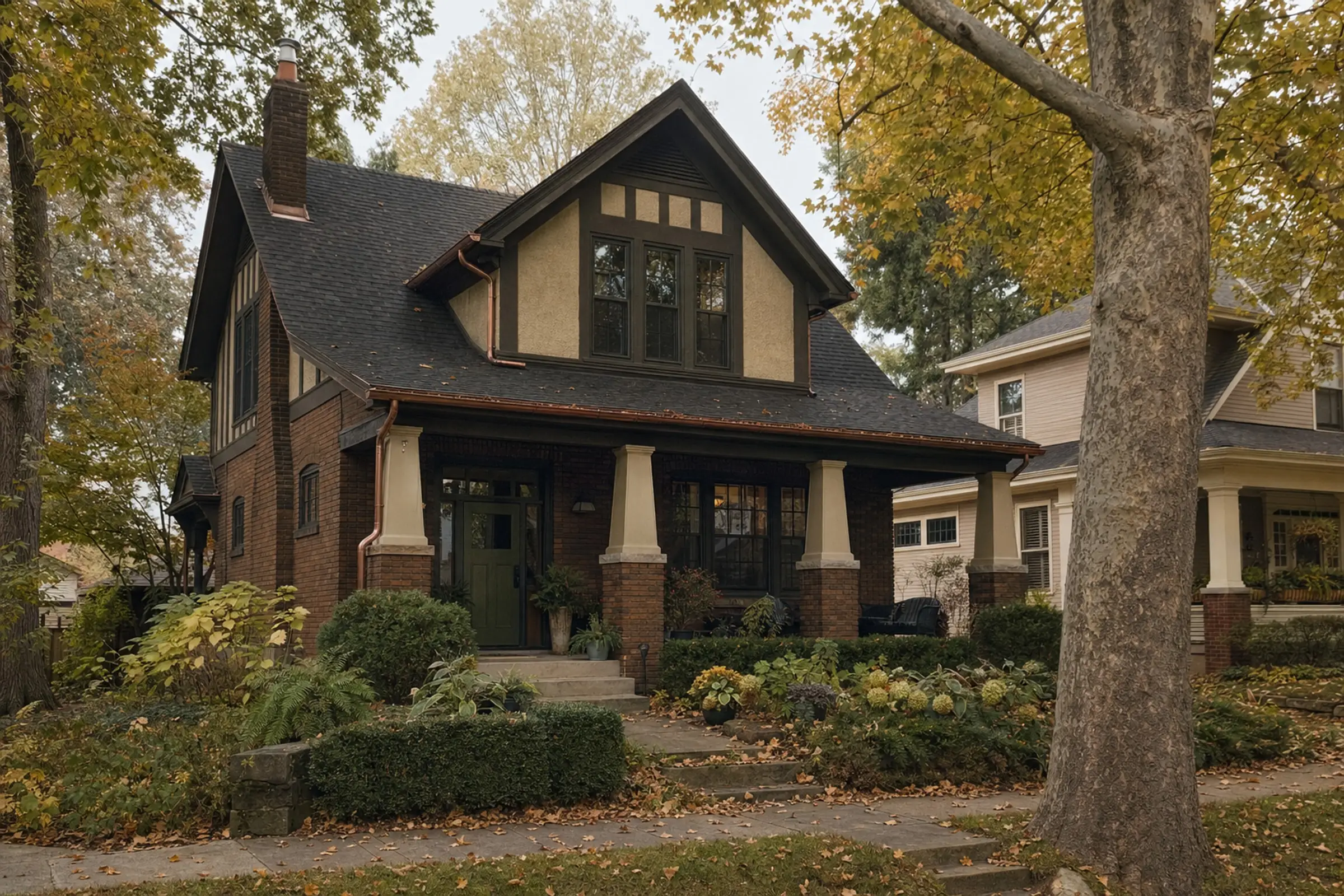 Compact Arts-and-Crafts brick home on a leafy Bexley-style historic street — representative concept image