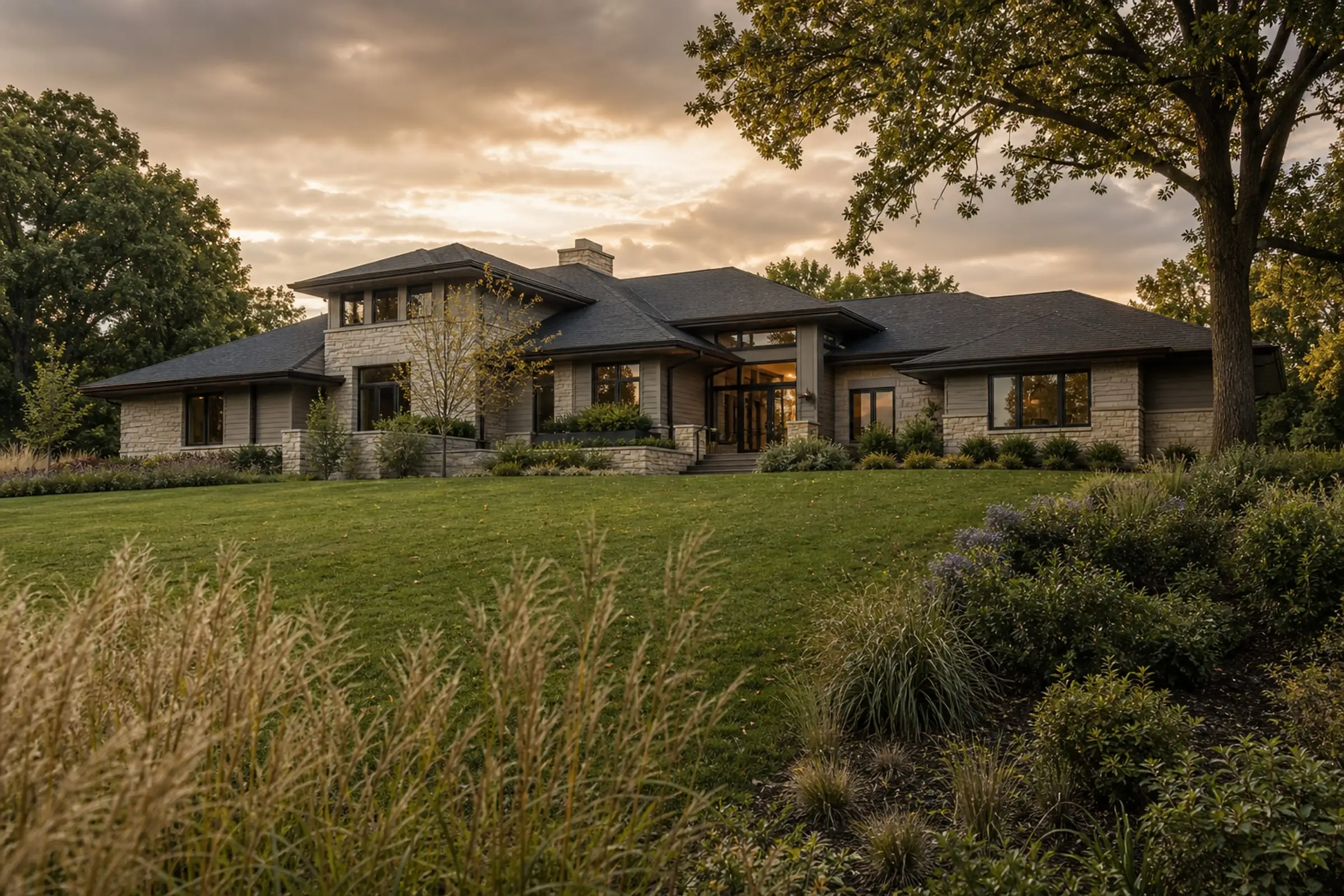 Low limestone custom home across a rolling Dublin-style lawn at a soft evening hour — representative concept image