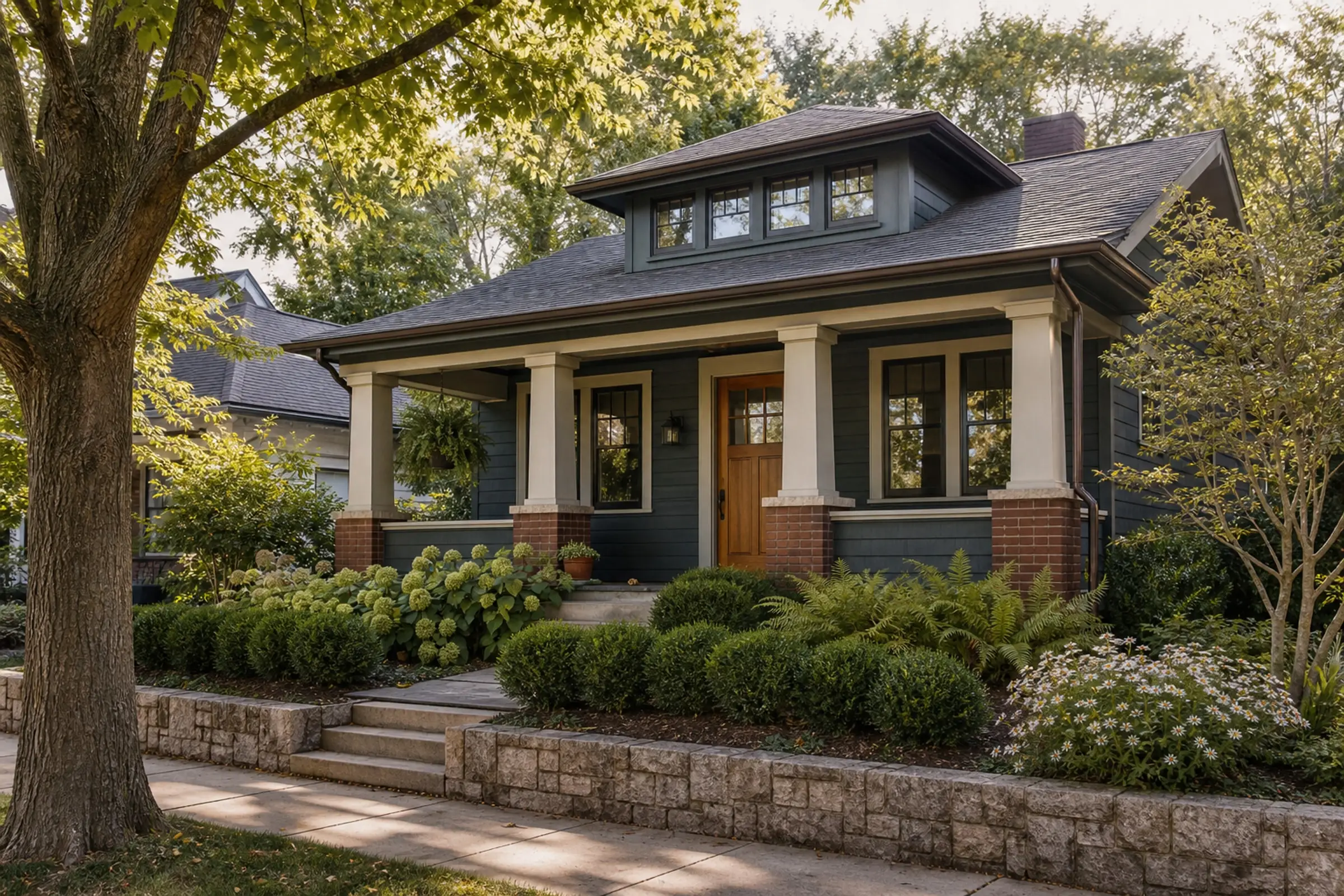 Deep blue-green Craftsman bungalow on a compact Grandview Heights-style slope — representative concept image