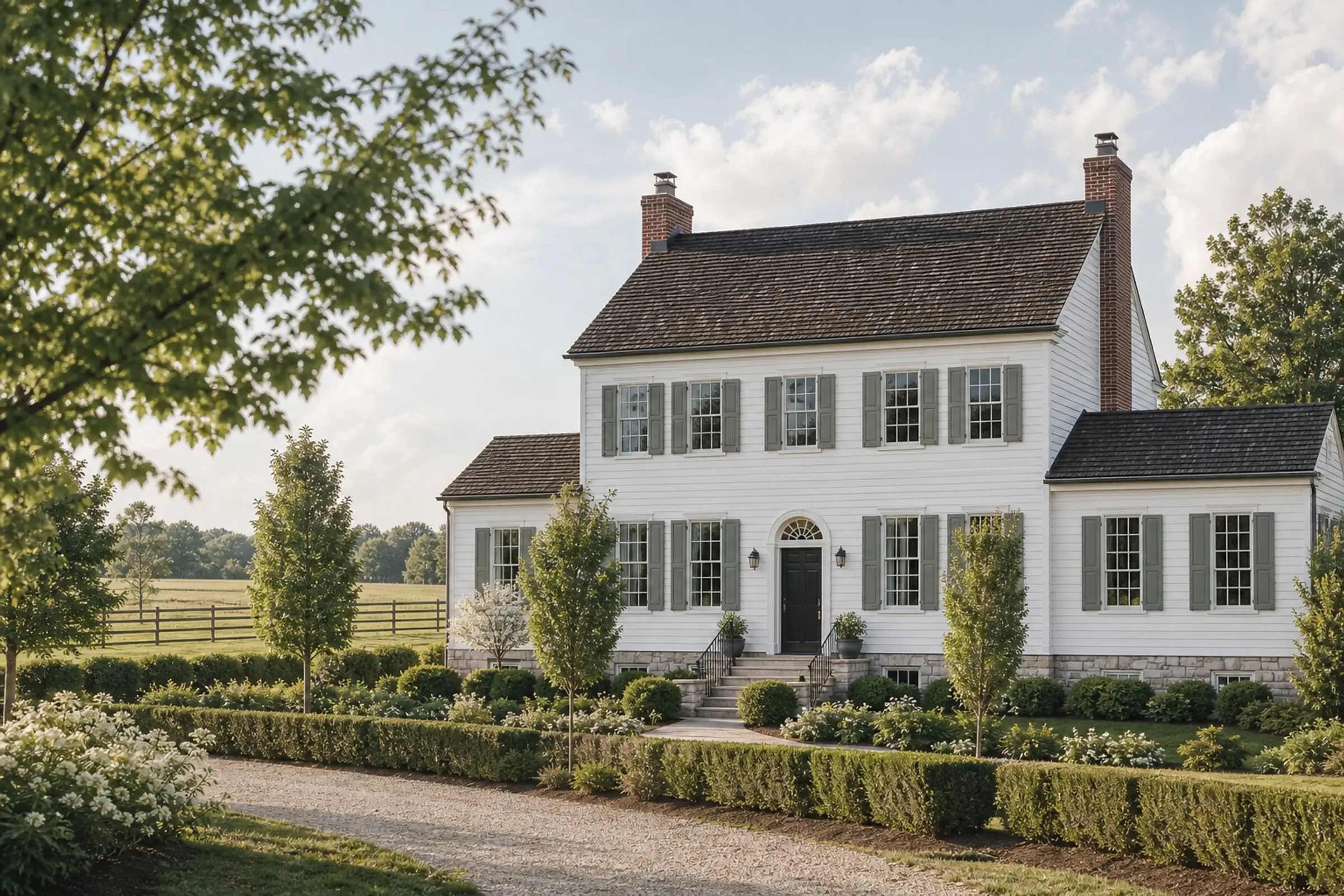 White clapboard Georgian Revival home in an ordered New Albany-style garden — representative concept image