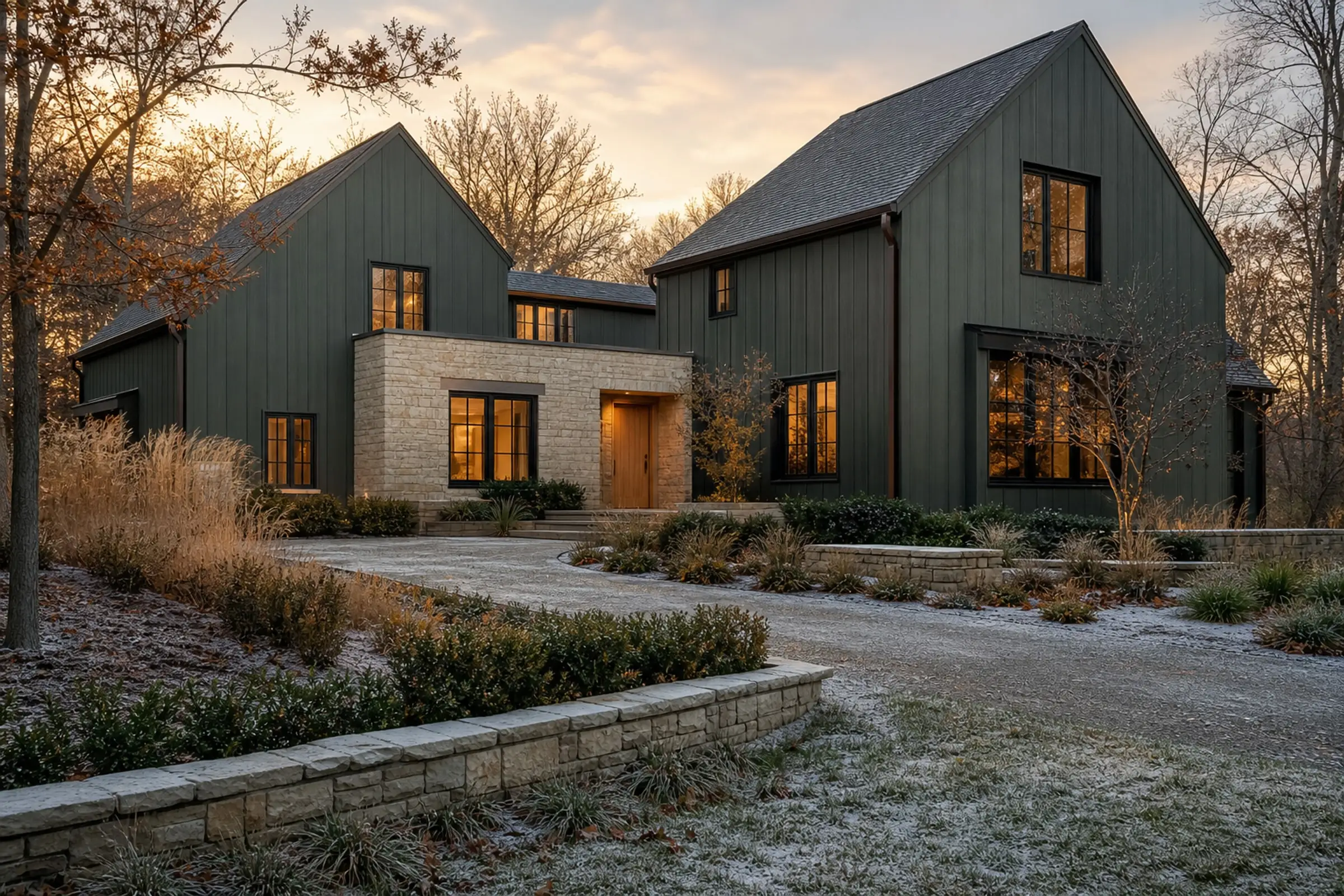 Forest-green transitional home with Ohio limestone on a wooded Powell-style lot — representative concept image
