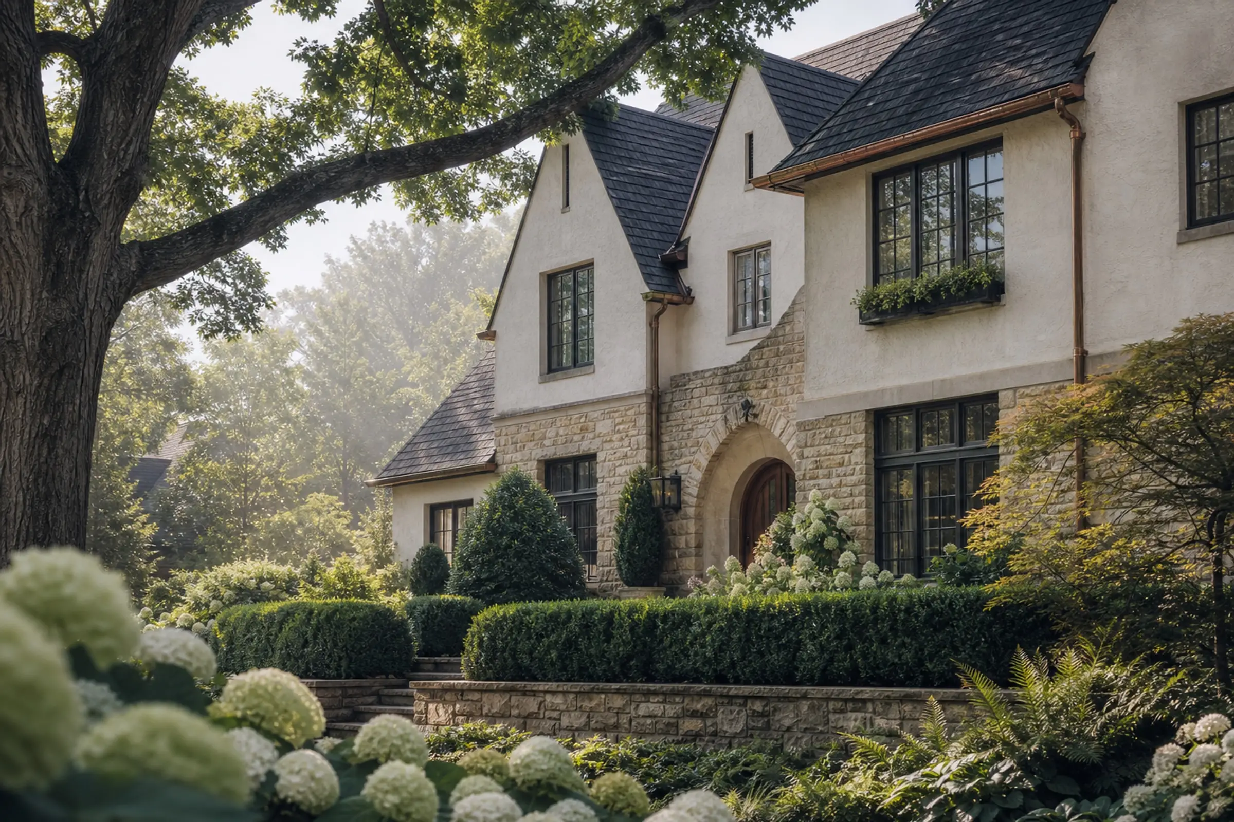 Cotswold-influenced stone and stucco home beneath a mature Upper Arlington-style oak canopy — representative concept image
