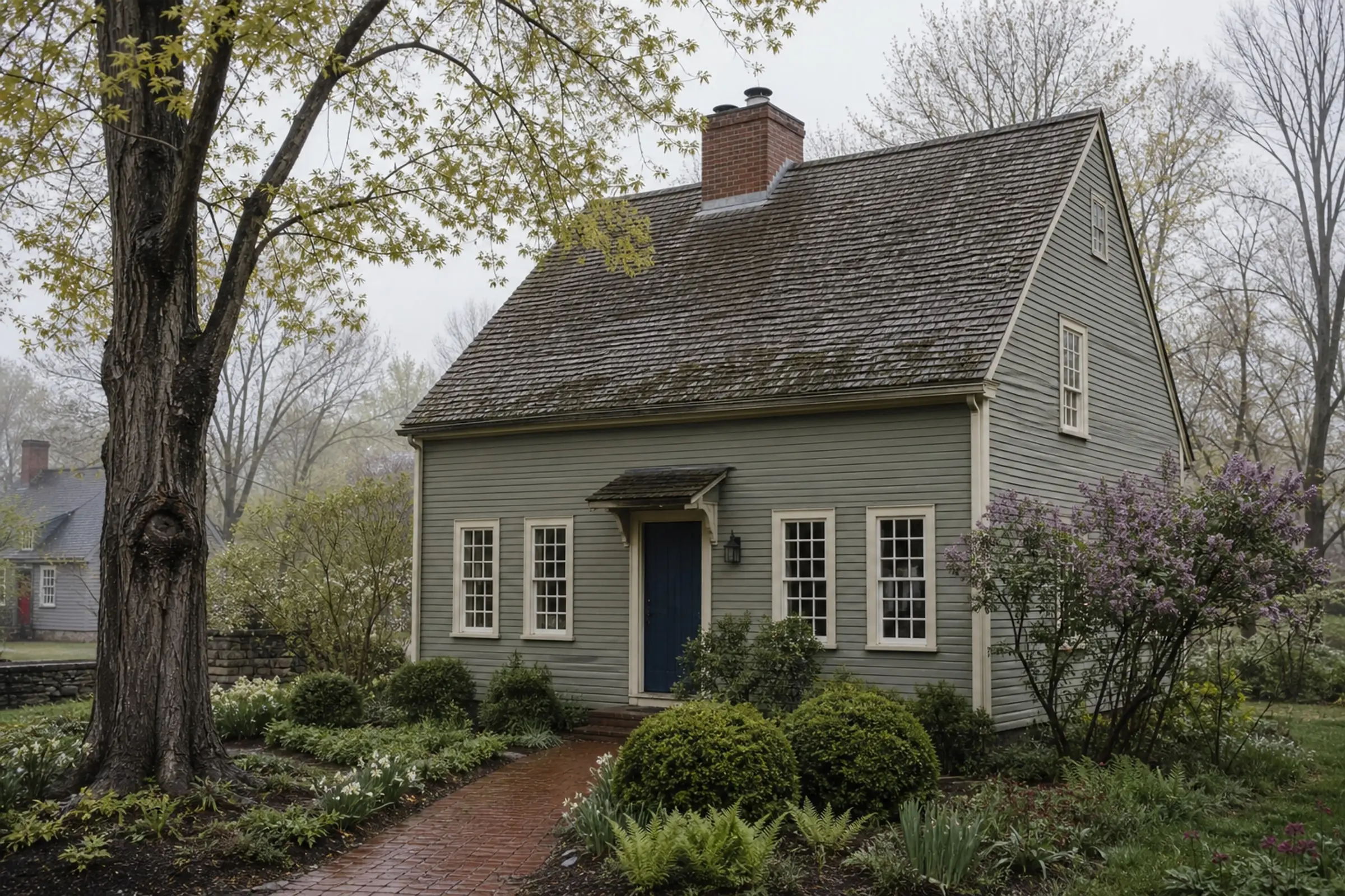 Sage clapboard saltbox home beside a brick walk in a Worthington-style village setting — representative concept image