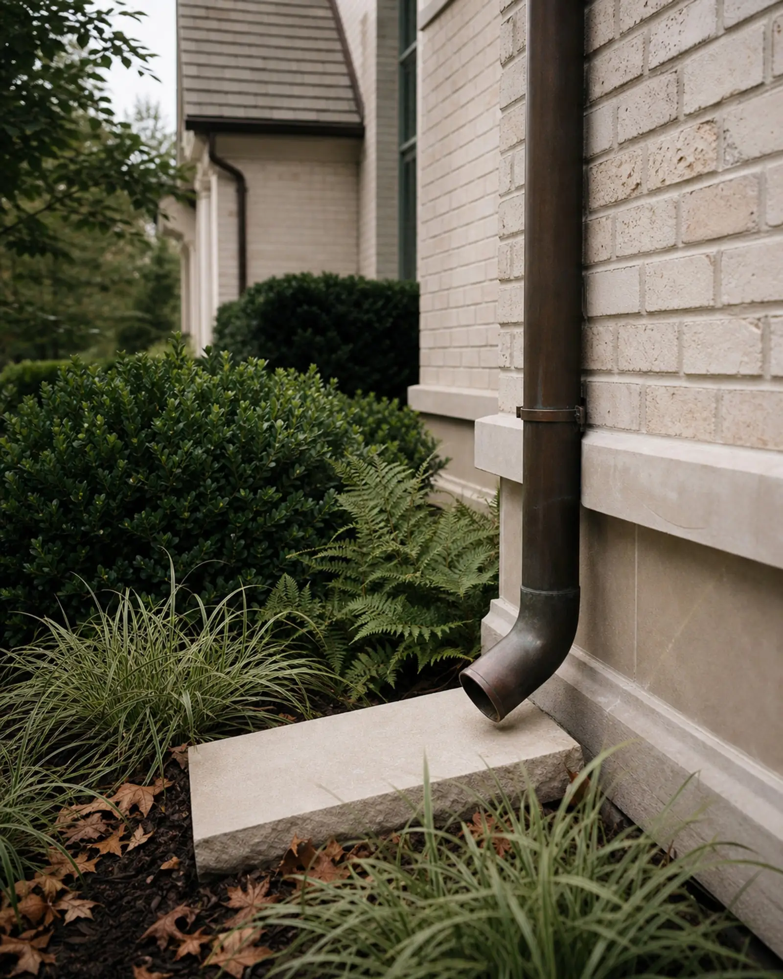 Patinated bronze downspout discharging to a limestone splash block beside ferns and boxwood — representative concept image