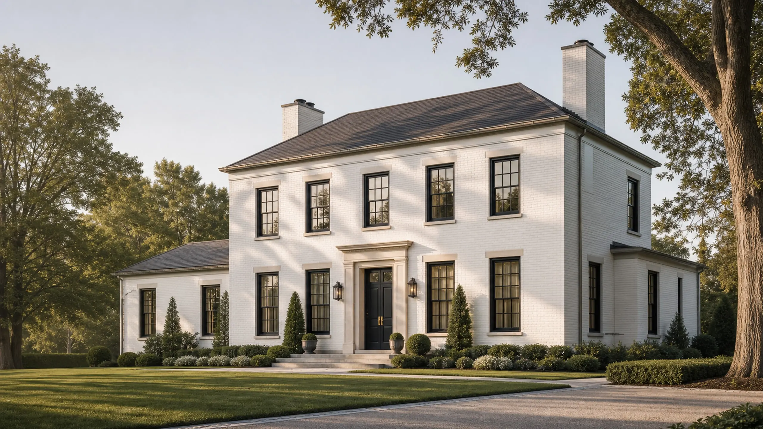 Warm white brick home with black windows beneath mature Central Ohio trees (concept image)