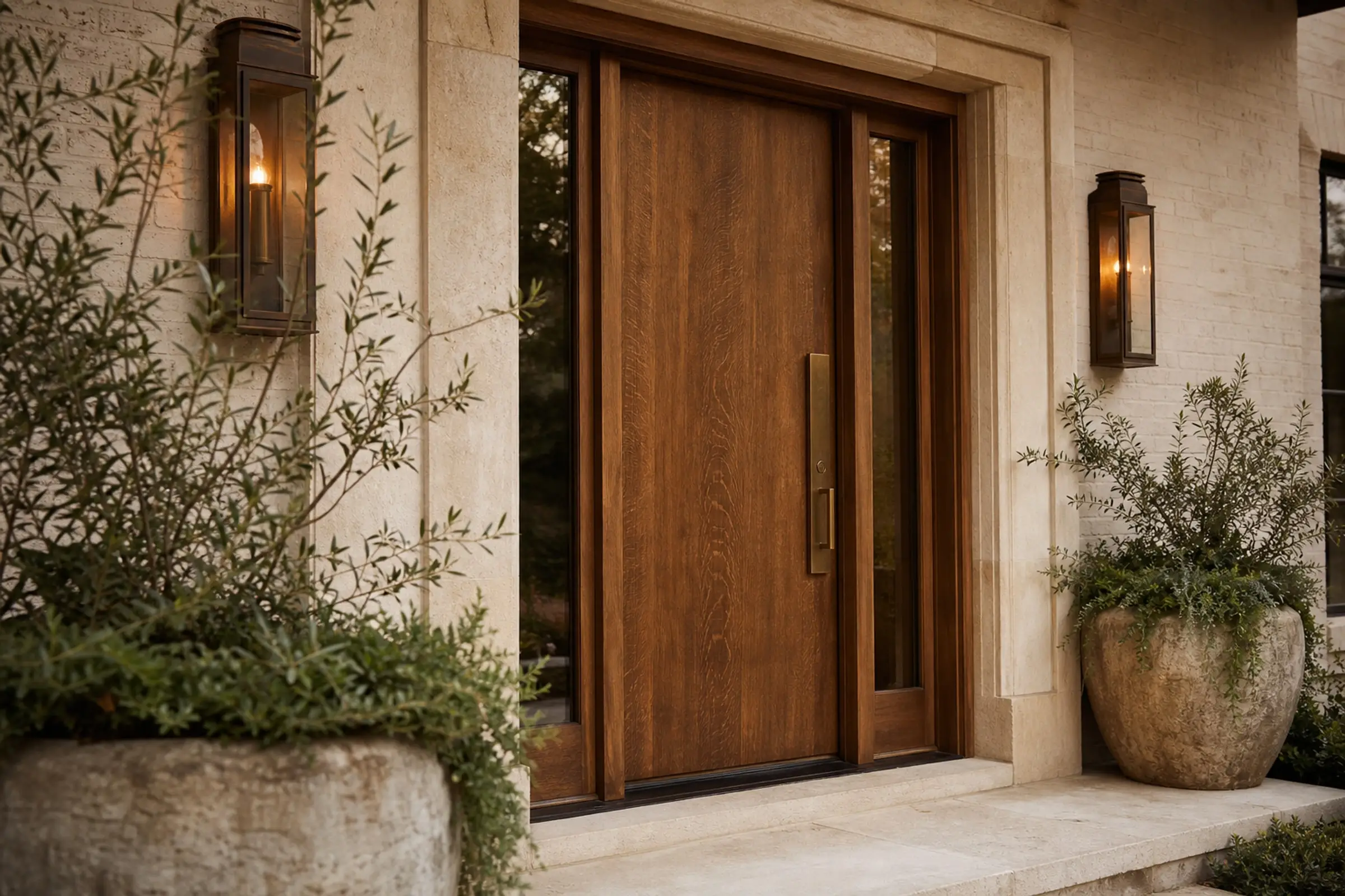 Bronze-toned wood entry door with limestone surround, aged-brass hardware, and lanterns — representative concept image