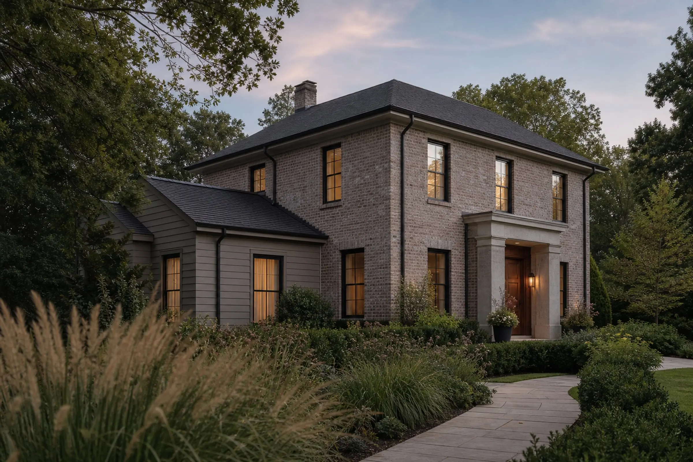 Warm taupe brick and greige siding exterior with dark windows, roof, and gutters (concept image)