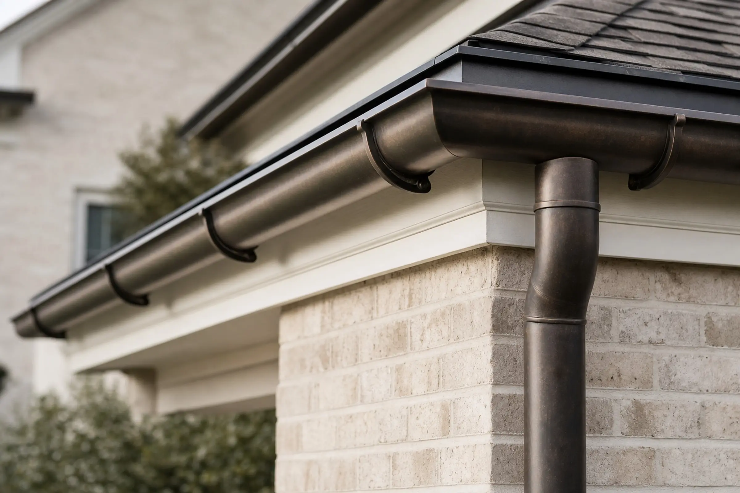 Aged-bronze half-round gutter and round downspout at a pale-brick eave (concept image)