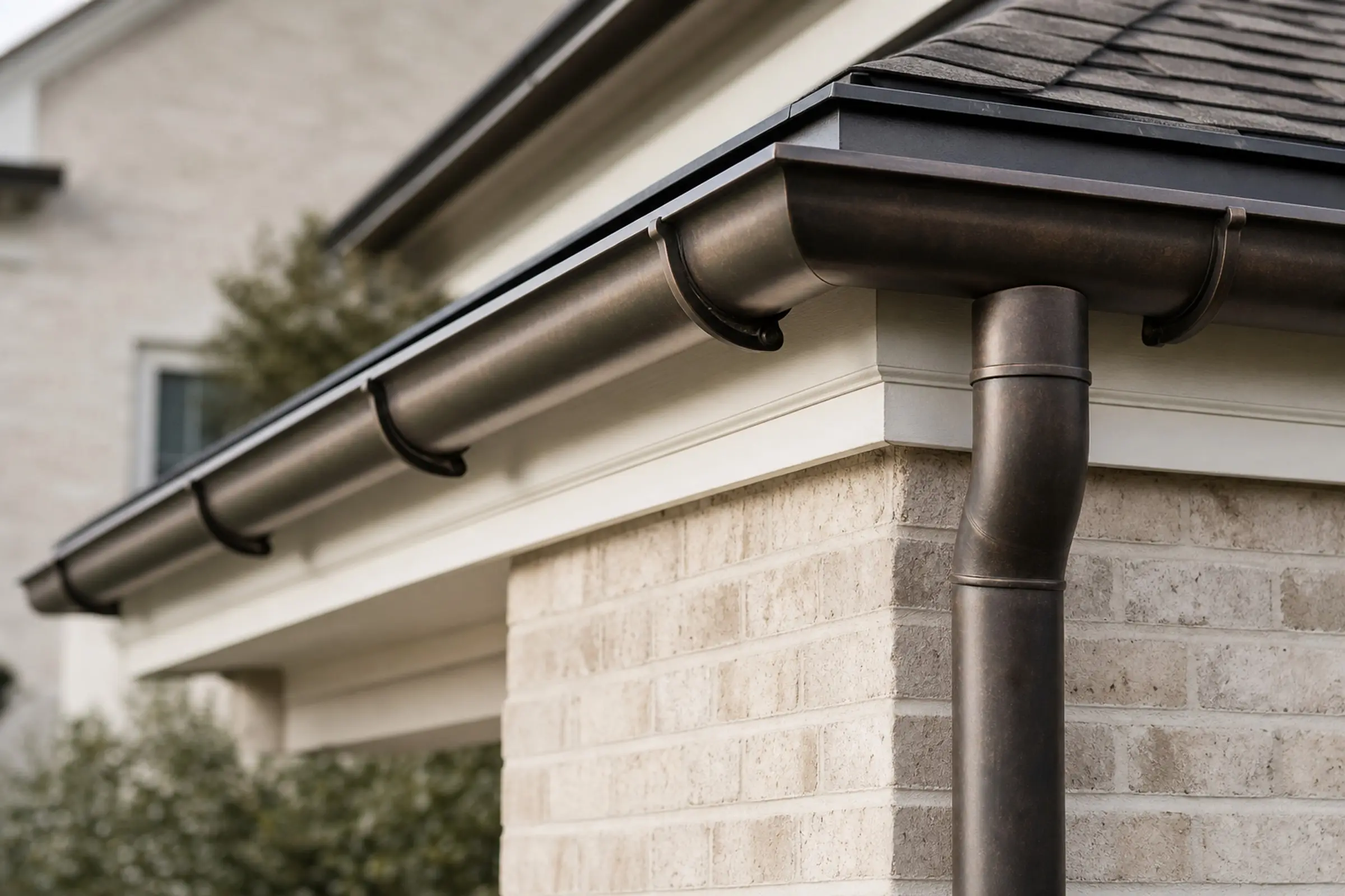 Aged-bronze half-round gutter and round downspout at a pale-brick eave (concept image)
