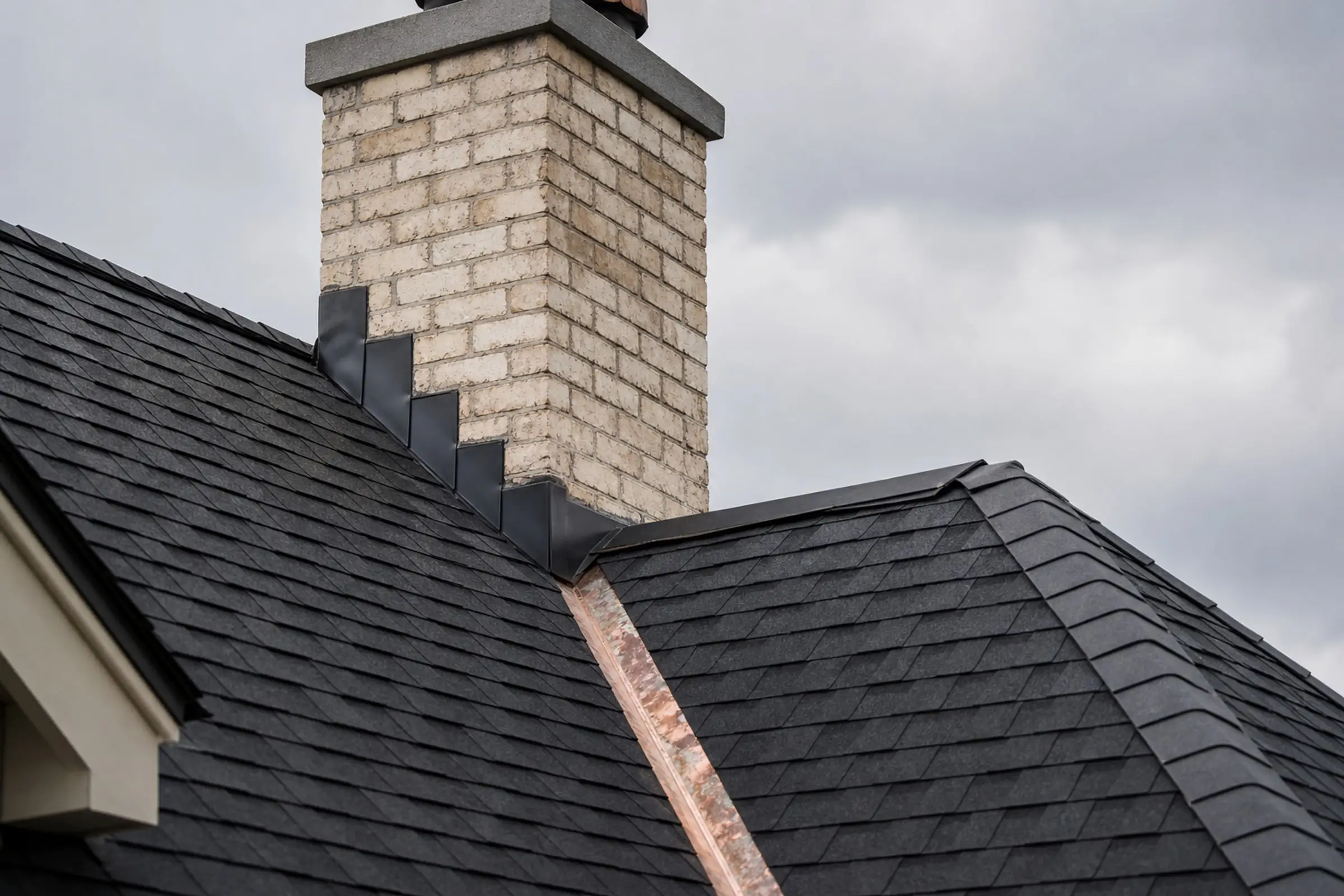 Charcoal shingle roof meeting a cream-brick chimney with stepped flashing and a copper valley — representative concept image
