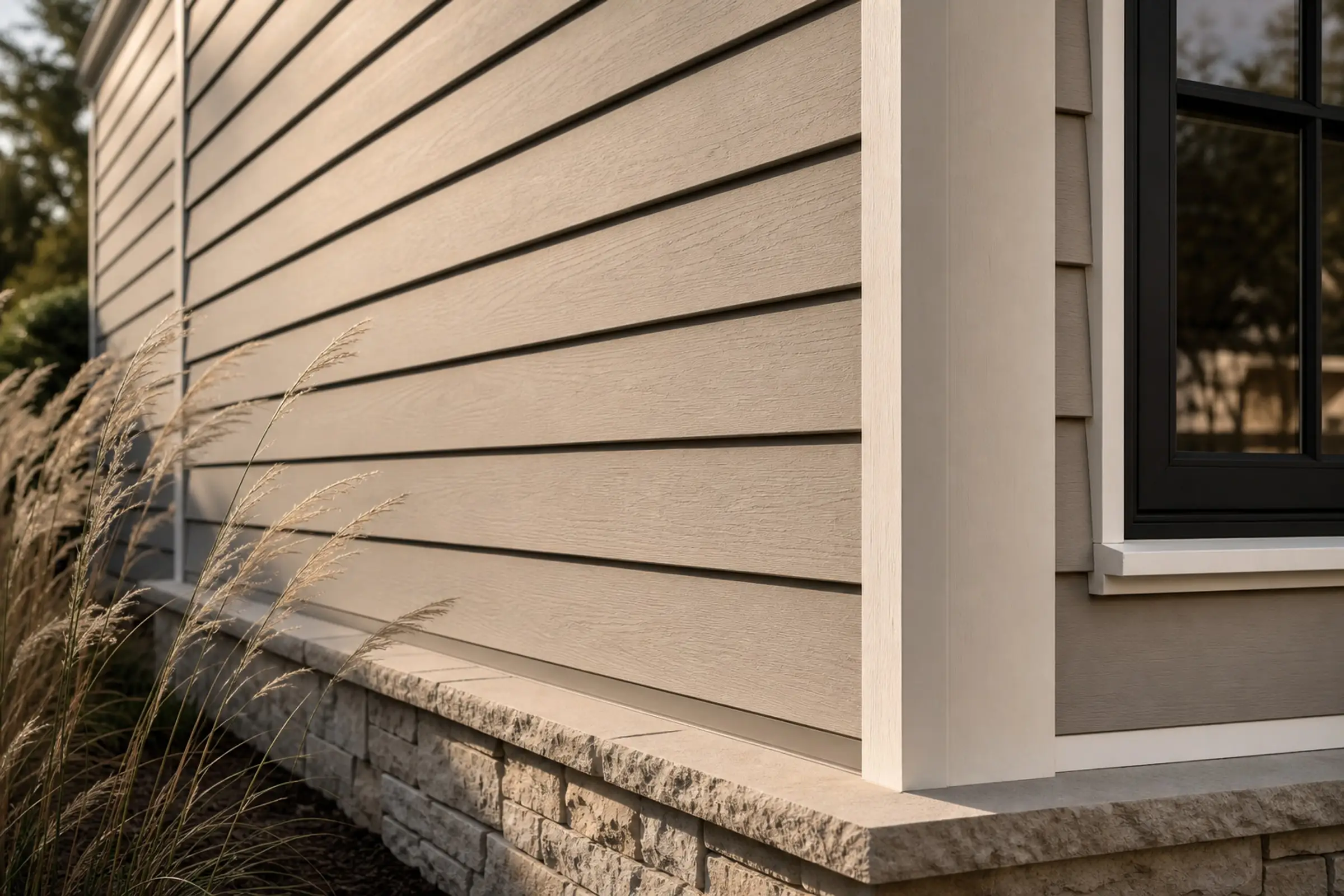 Warm greige lap siding with white corner trim, dark window edge, and limestone base — representative concept image