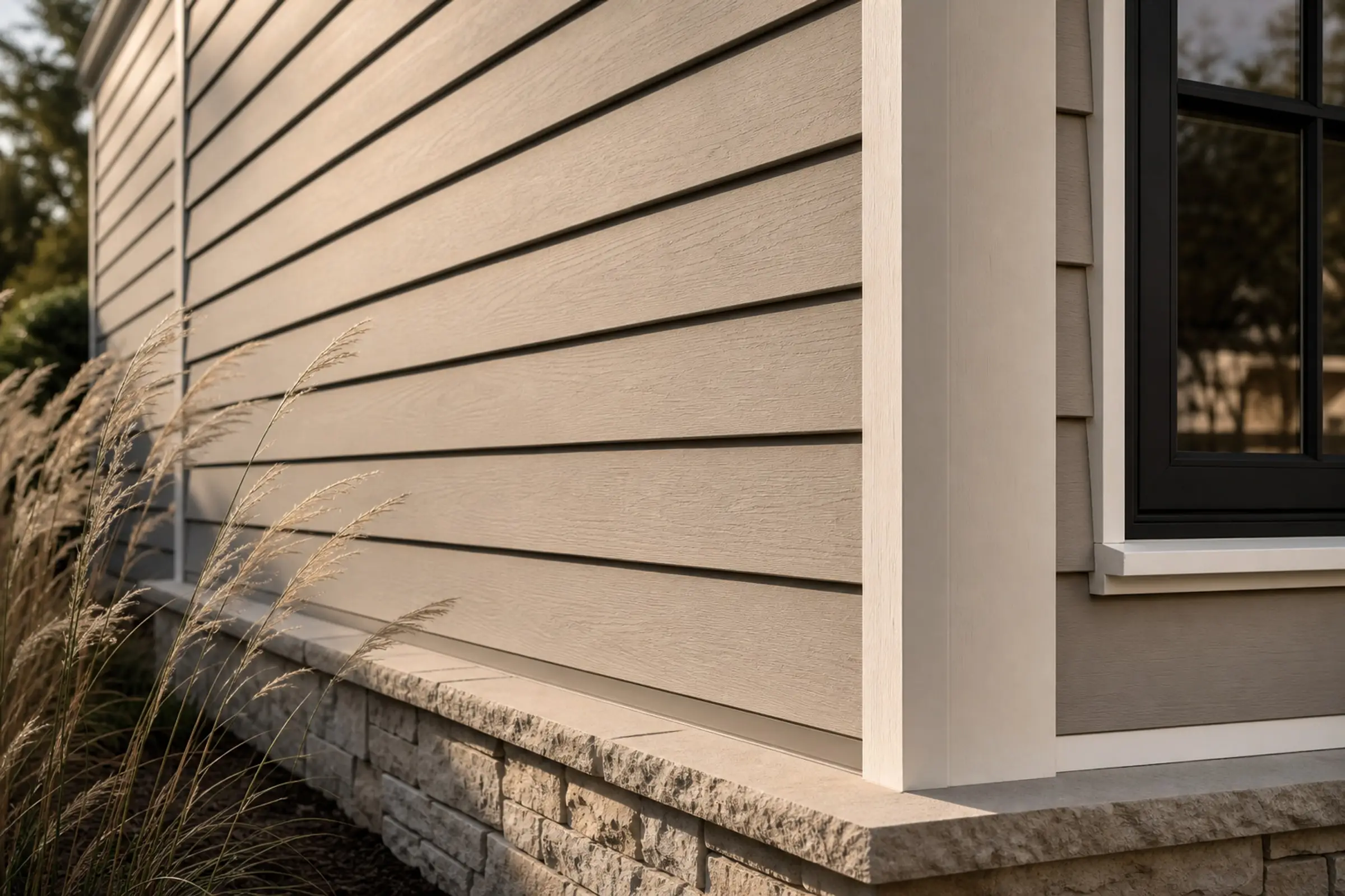 Warm greige lap siding with white corner trim, dark window edge, and limestone base — representative concept image