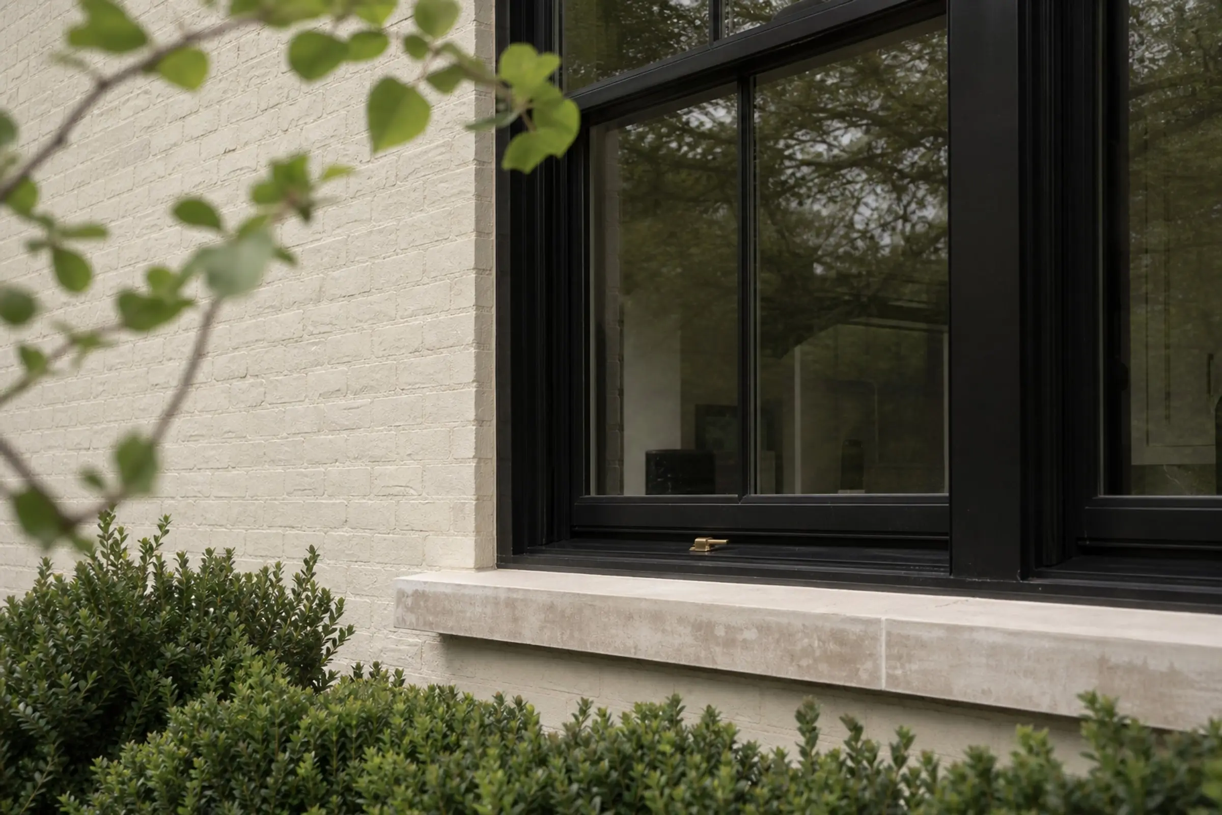 Dark window assembly set in painted brick with a limestone surround (concept image)