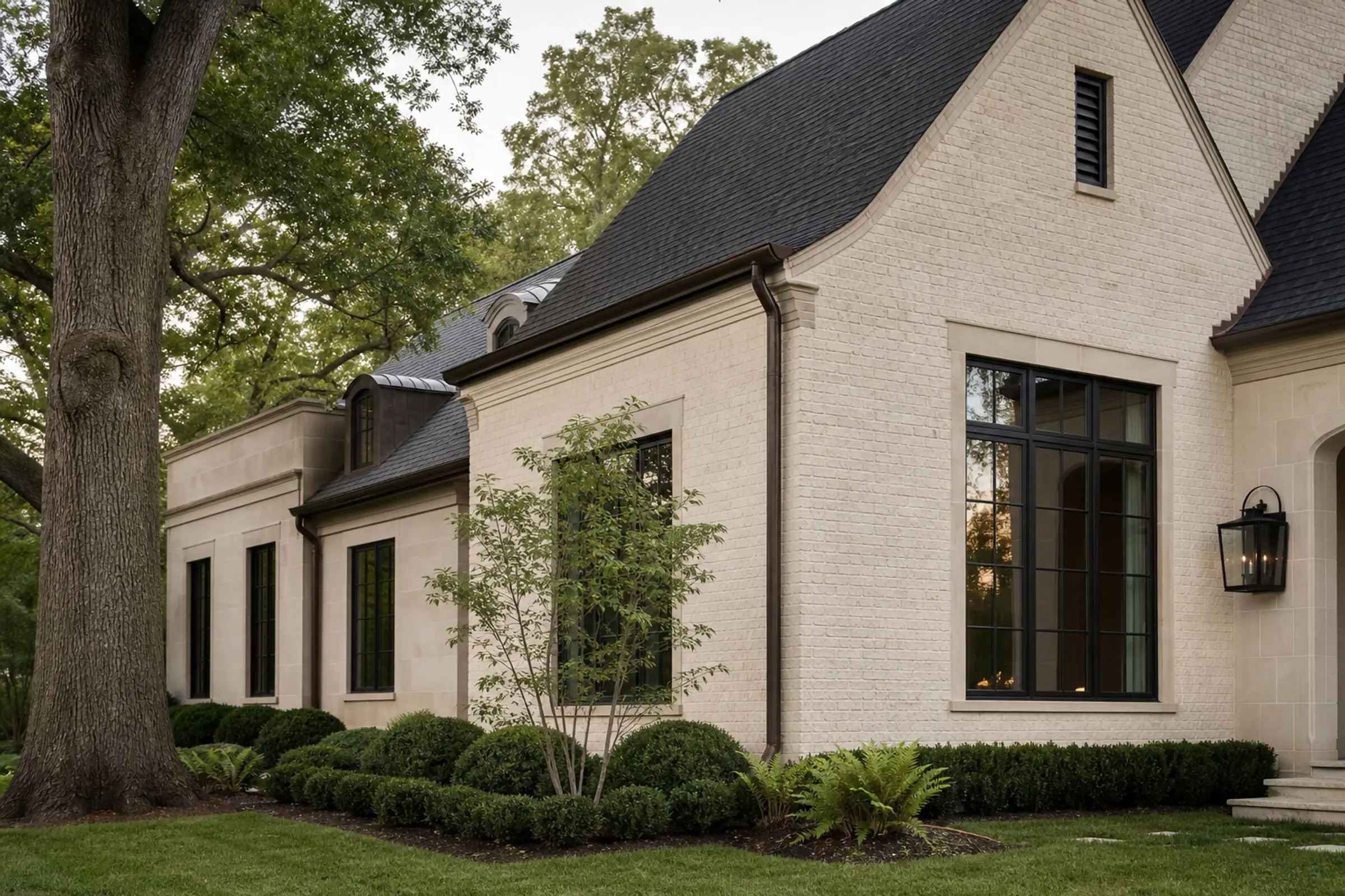 Cream masonry residence comparing near-black and warm bronze window tones in natural light — representative concept image