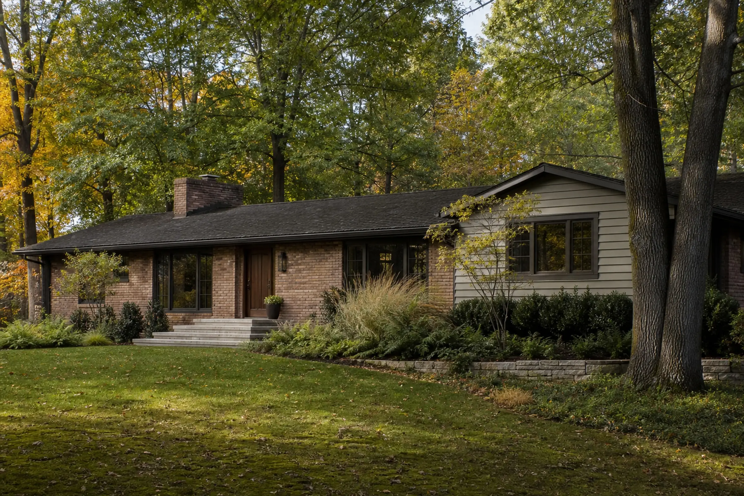 Wooded 1960s brick ranch coordinated with olive-gray siding, bronze windows, and limestone steps — representative concept image