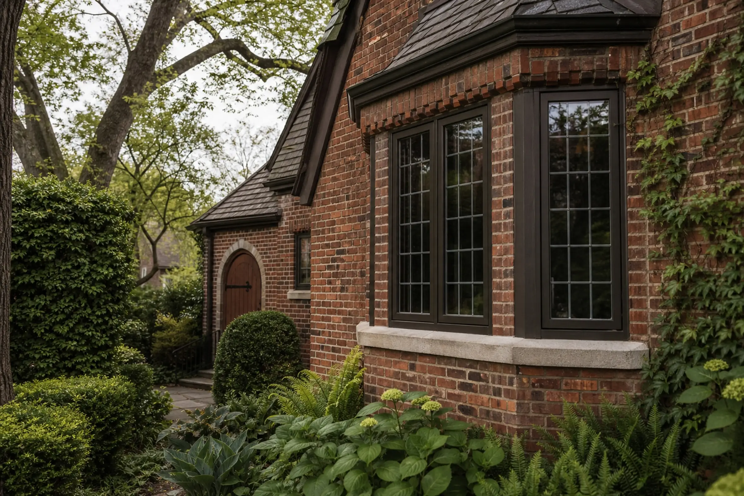 Dark divided-light window bay set into a compact 1920s red-brick Tudor garden wall — representative concept image