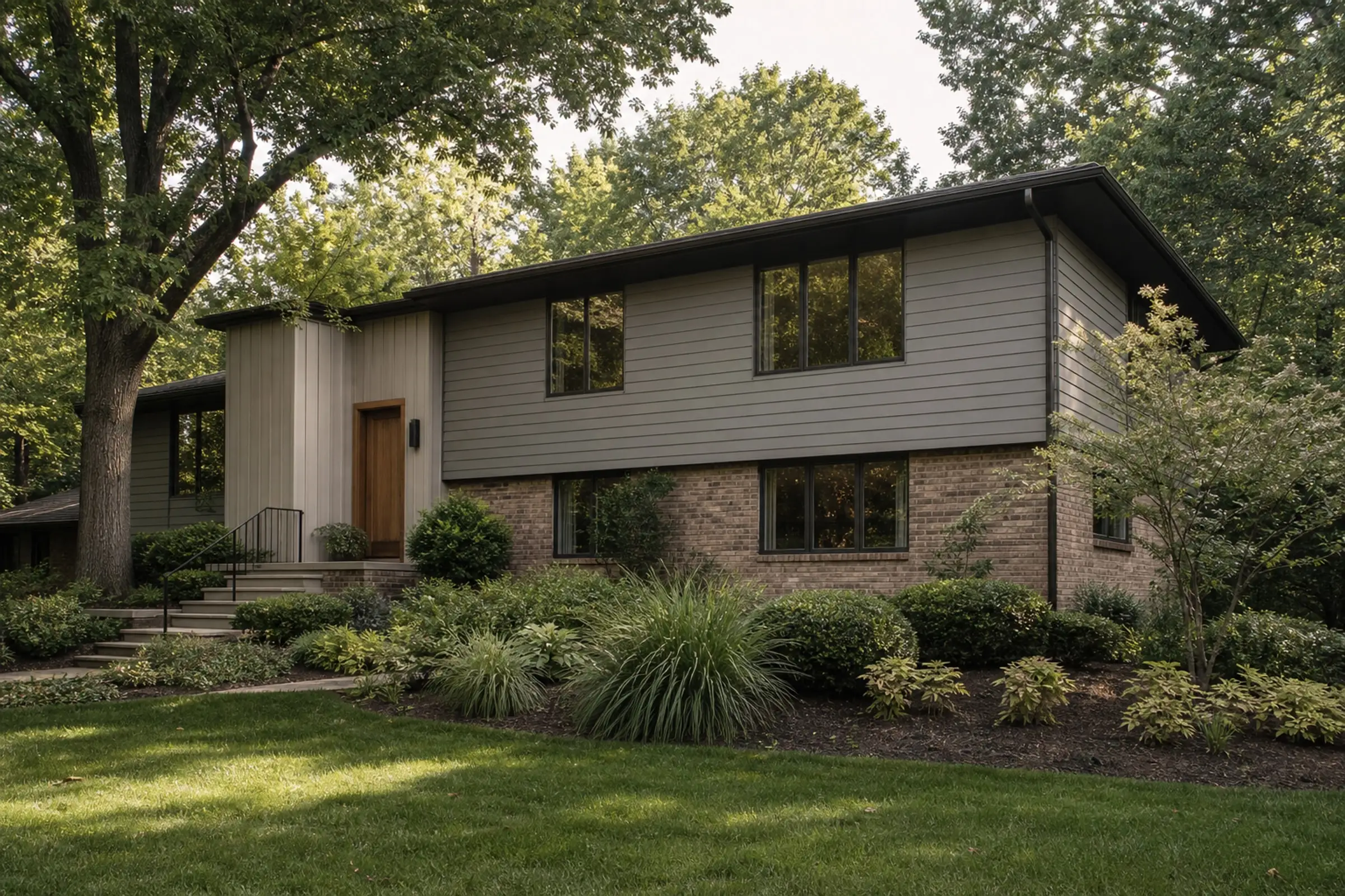Updated split-level balancing mushroom-gray lap siding with a restrained board-and-batten entry — representative concept image
