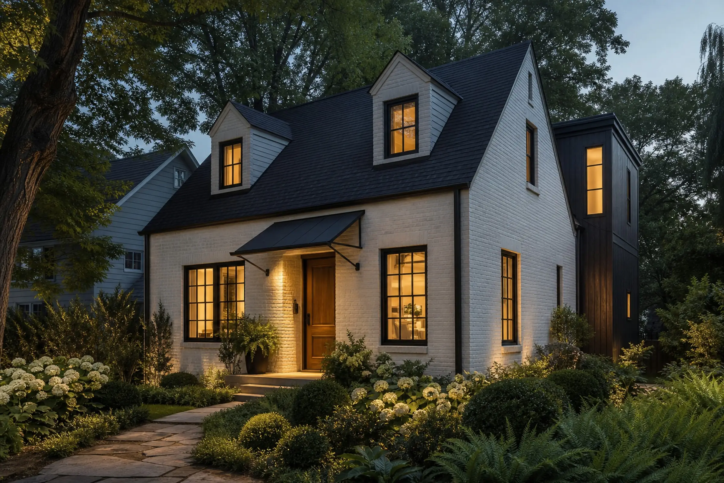 Compact pale-brick Cape Cod with black windows, oak entry, and a dark side addition at dusk — representative concept image