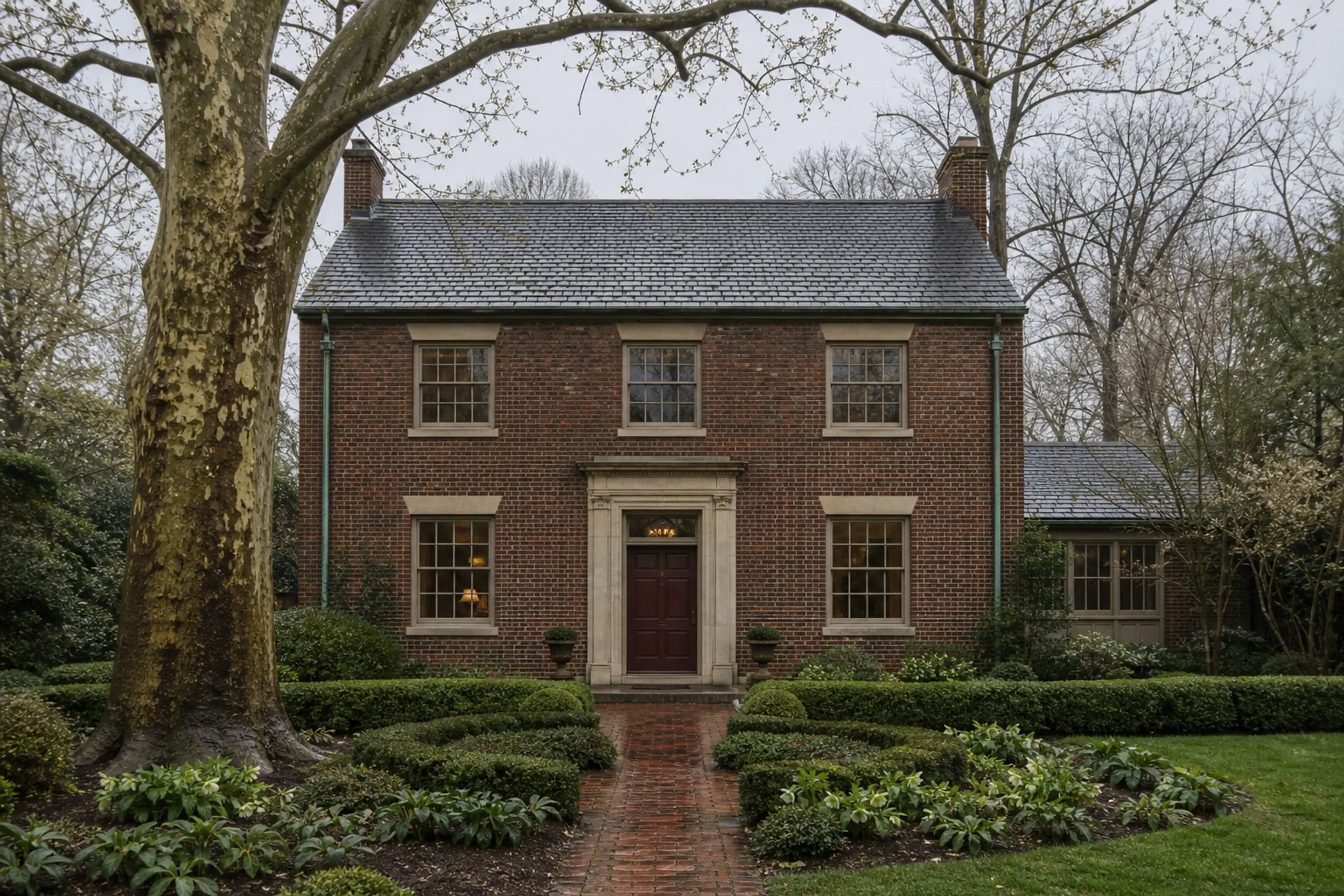Traditional red-brick Georgian residence with limestone entry, bronze windows, and early-spring garden (concept image)