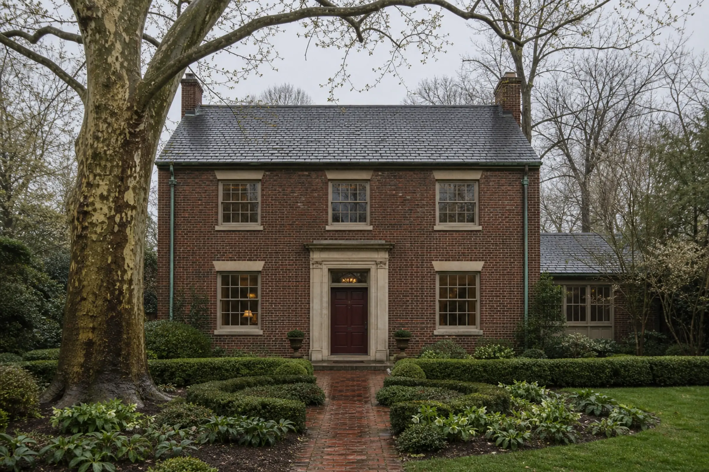Traditional red-brick Georgian residence with limestone entry, bronze windows, and early-spring garden — representative concept image