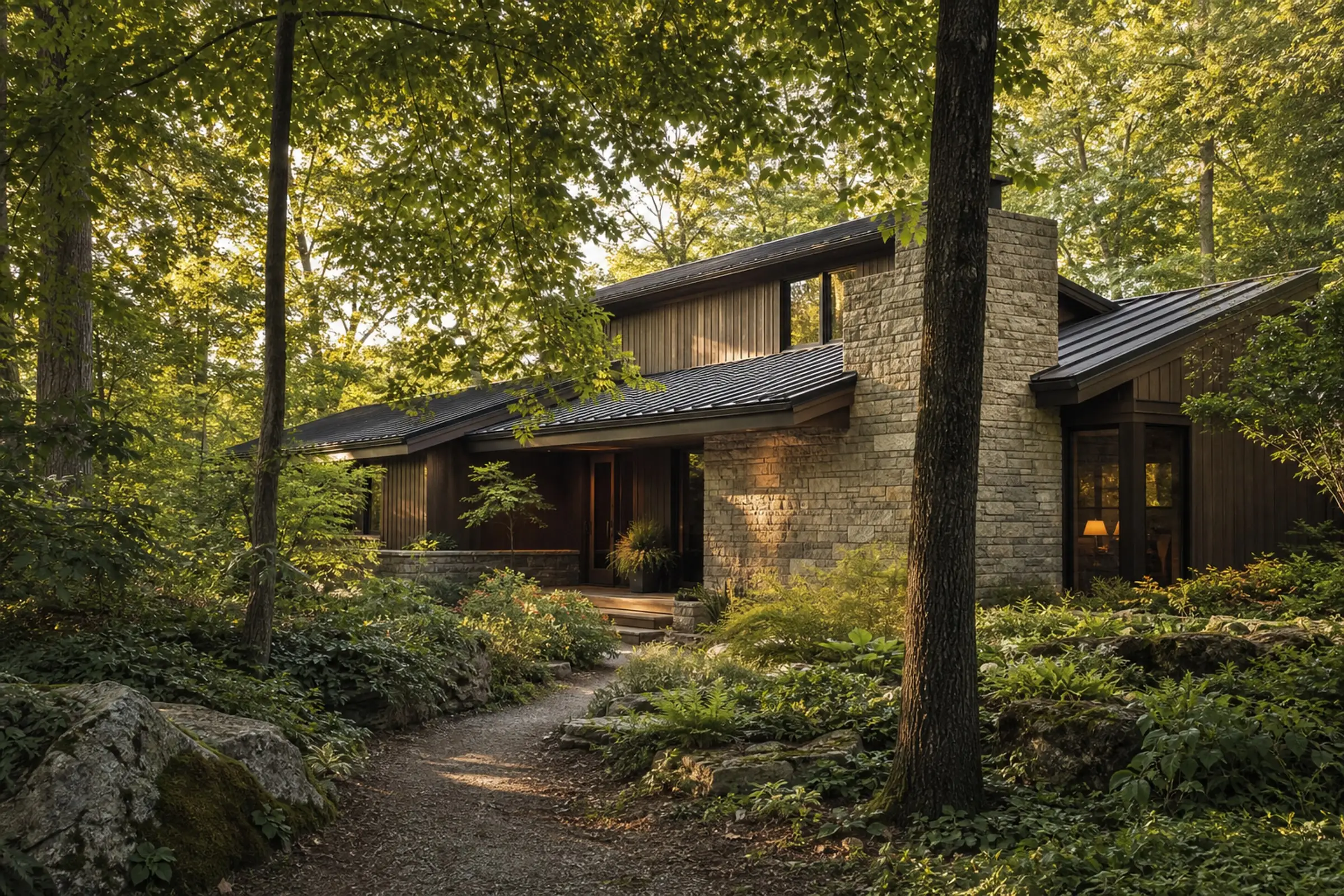 Warm cedar and Ohio limestone contemporary home tucked into a mature woodland garden — representative concept image